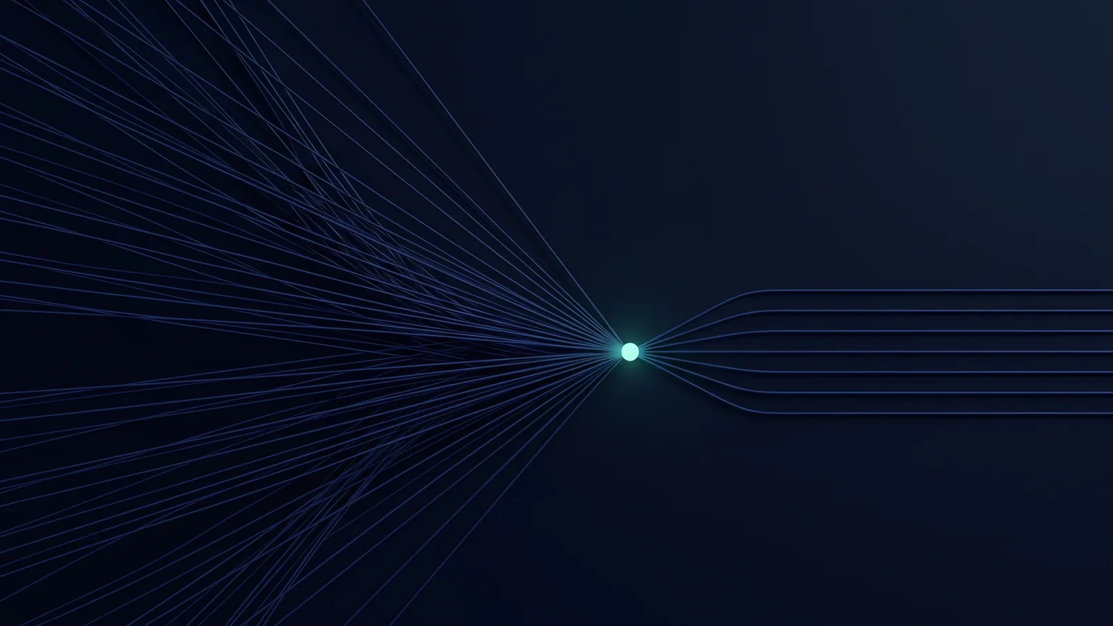 Composição geométrica abstrata em azul-marinho e verde-menta representando fluxos de automação conectados, estilo visual Voxatra